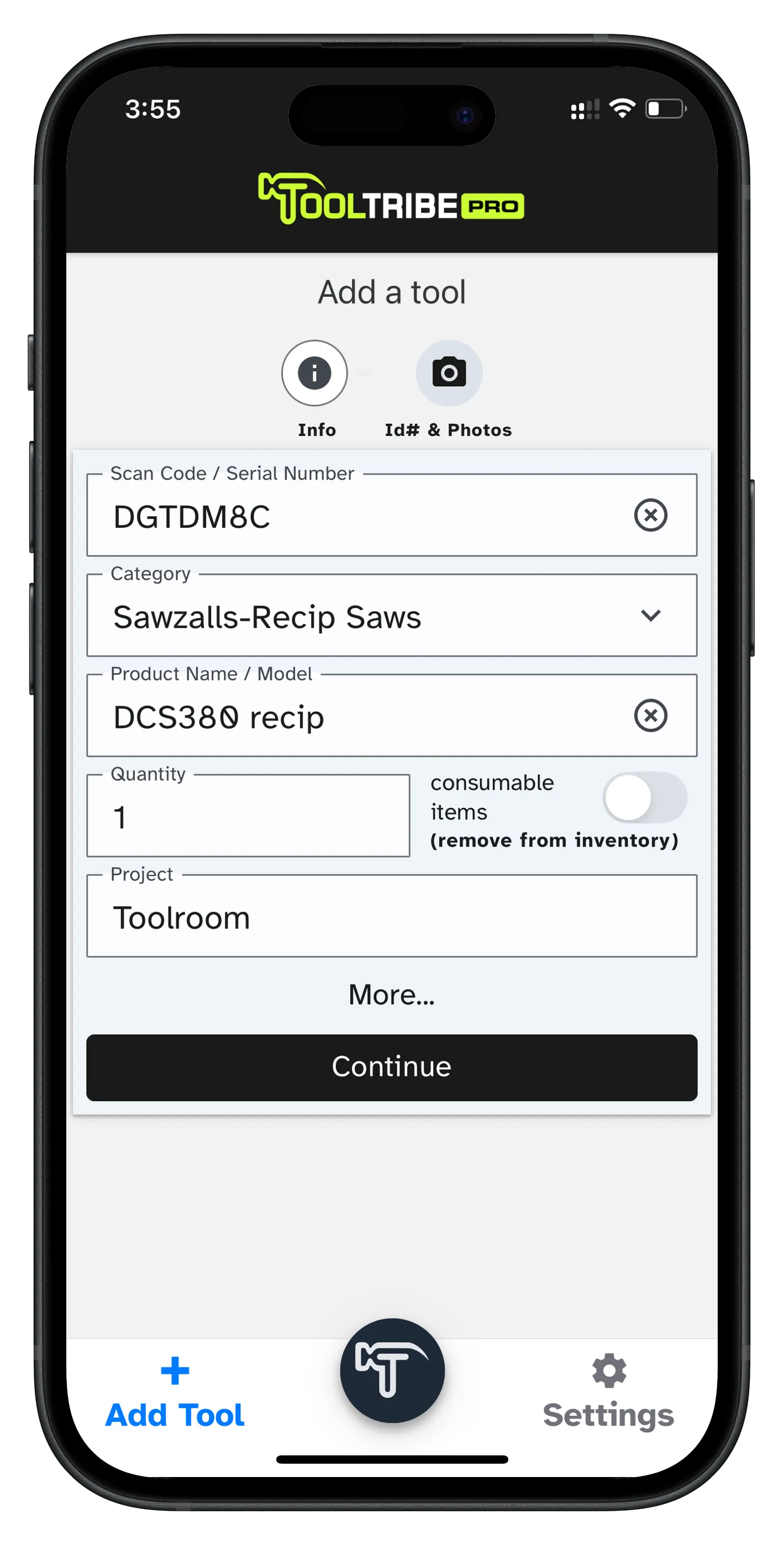 Add Tool Screen